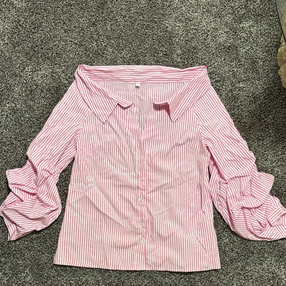 SHEIN NWOT Pink Striped ‘Off Shoulder’ Button Down Shirt - Picture 2 of 2